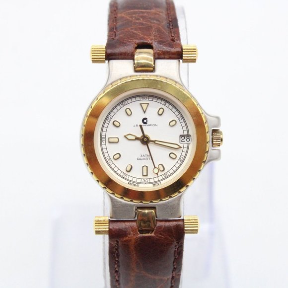 J.B Champion Watch Women Gold Tone Stainless Steel Classic White Dial Brown Band - Picture 3 of 8